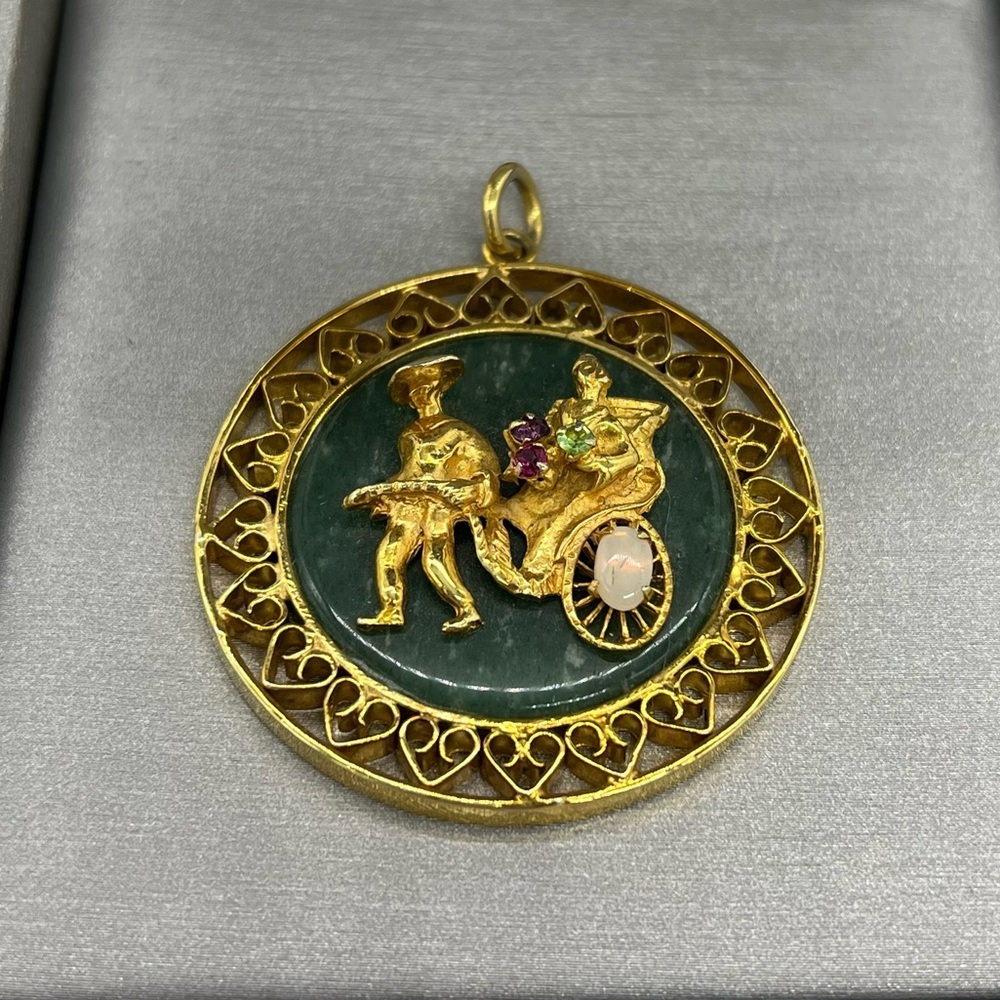 Chinese Oriental Necklace Semi Precious Stones Fu Good Luck Round Medallion